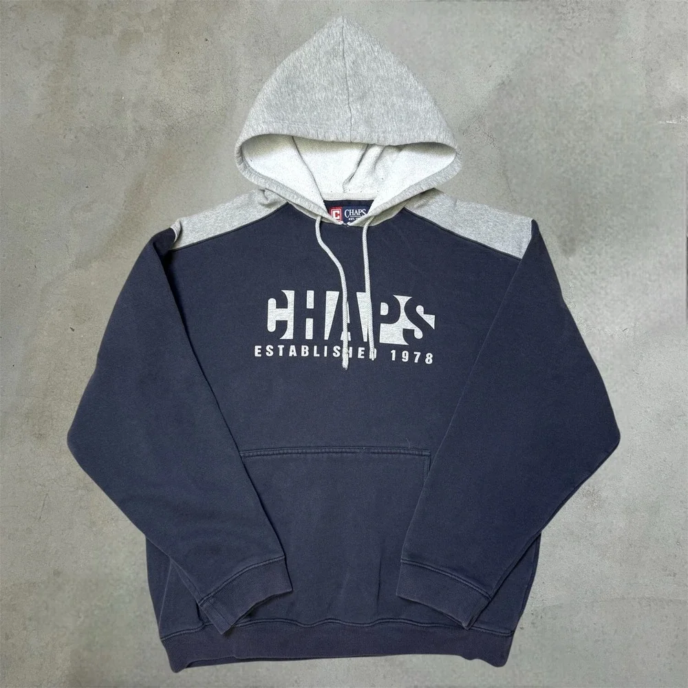 Vintage Chaps Hoodie Mens XL Navy Blue Grey Pullover Established 1978 Logo